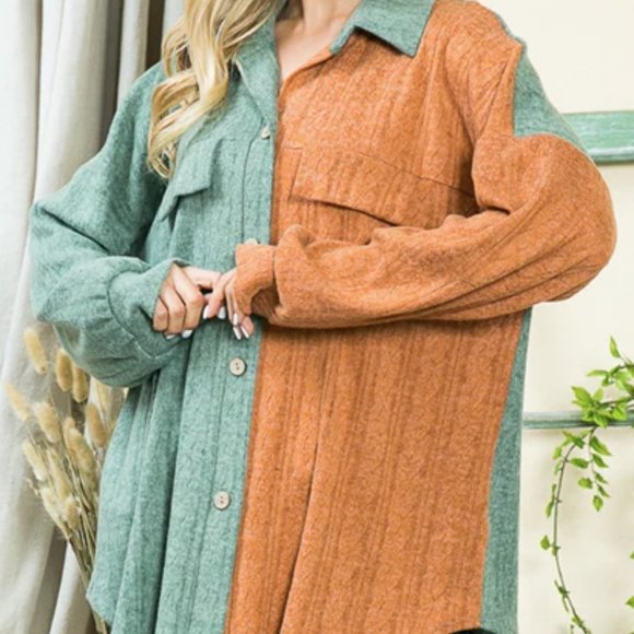 3x Plus Size Colorblock Button Down Shacket - Picture 2 of 3